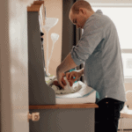 new dad changing baby's diaper at home in nursery
