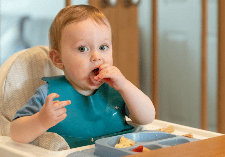 Baby eating solid foods in his highchair